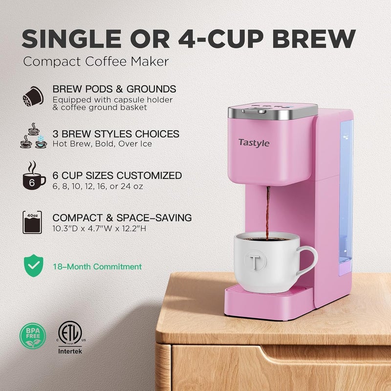 Tastyle Single Serve Coffee Maker, Iced and Hot Coffee Machine for K Cup & Grounds, Compact Design, 40oz Removable Water Reservoir, 6 to 24 Oz Brew Sizes, Fits 7.3" Travel Mug, Pink - Image 3
